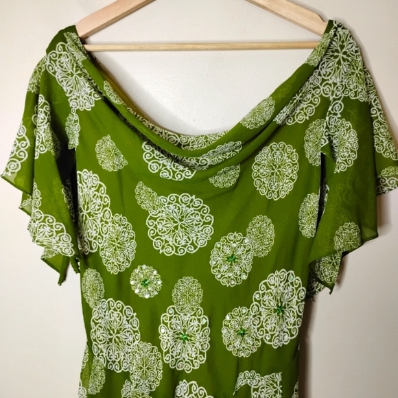 Robbie Bee Chiffon Maxi Dress 16 Green White Flutter Sleeve Romantic Fairycore - Picture 6 of 12